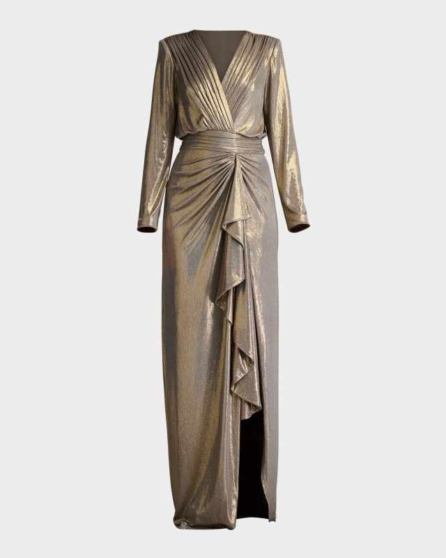Ruched Metallic Jersey Column Gown